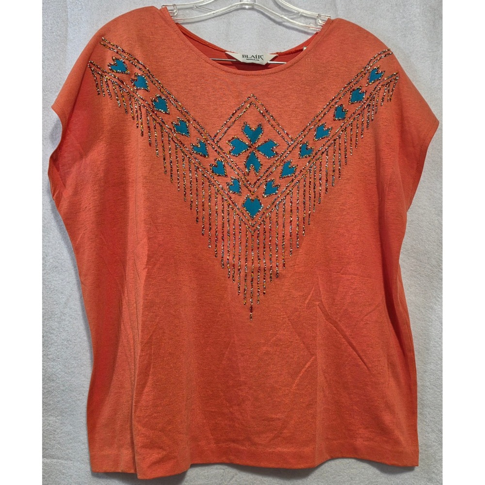 Vintage Blair Coral Orange Southwestern Beaded Fringe T-Shirt Top Women's Boho L